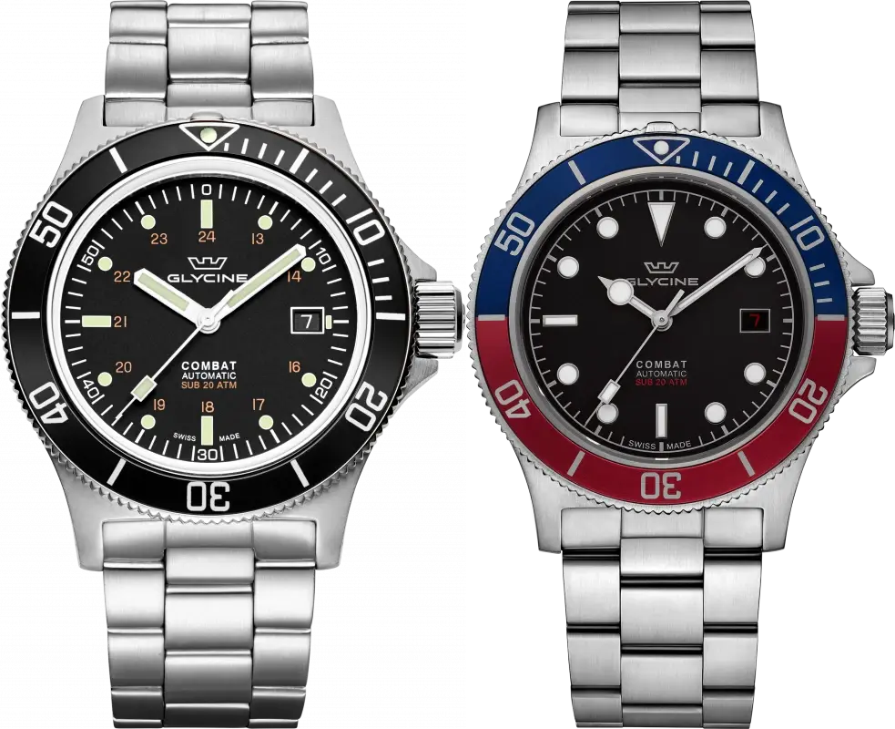 On the right, a typical Combat Sub, featuring utilitarian design with 24h markers, much like a field watch. To the left, one of the newer designs by Glycine, similar to the limited edition from Drop.